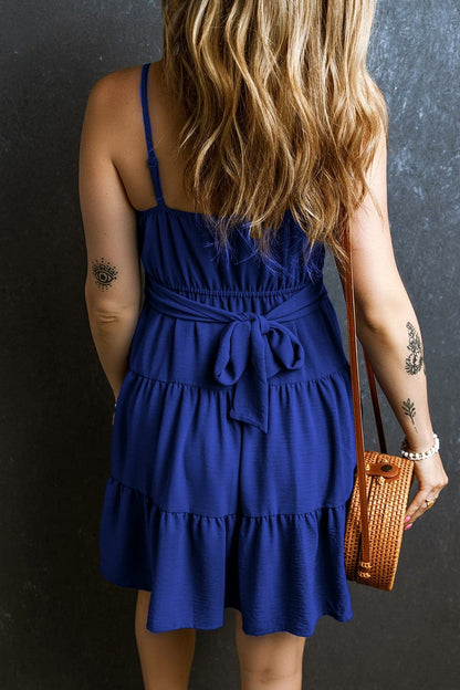 Ruched Tiered Spaghetti Strap Mini Dress.