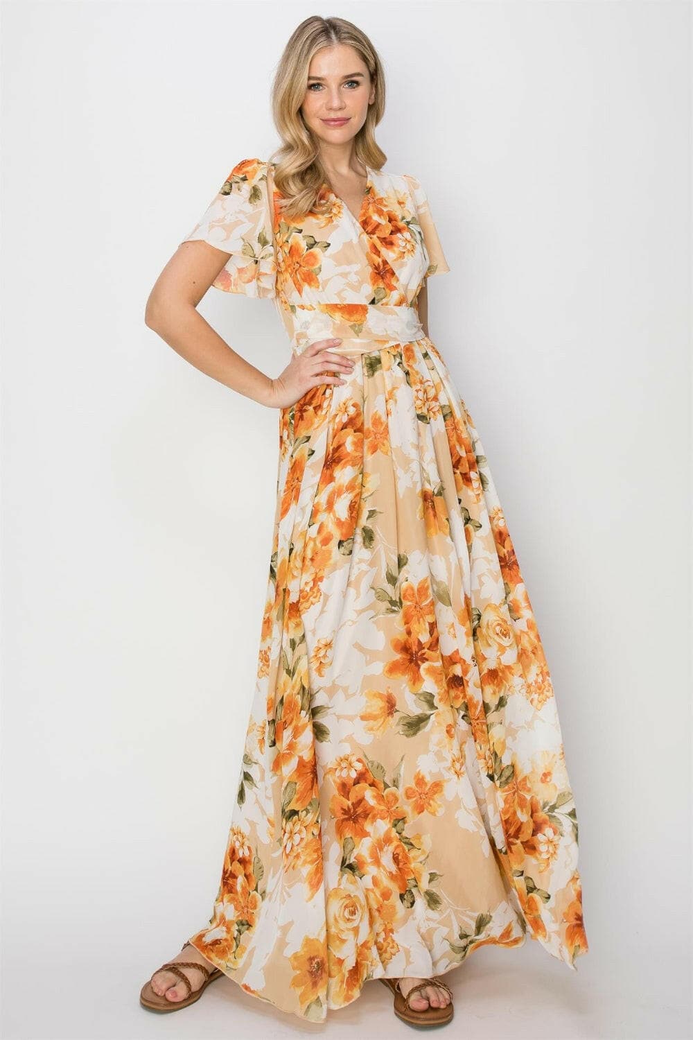 HYFVE Floral Tie Back Short Sleeve Slit Maxi Dress.