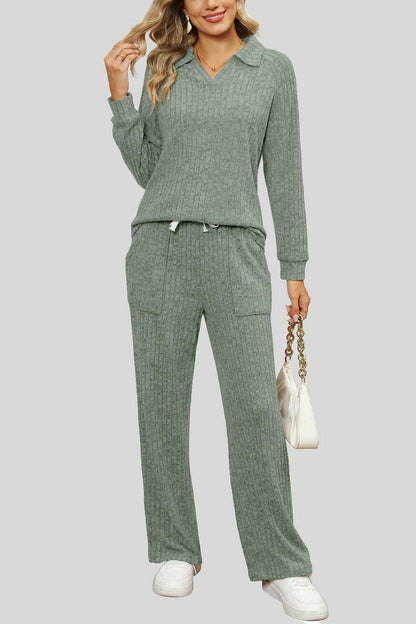 Ribbed Long Sleeve Top and Pocketed Pants Set.