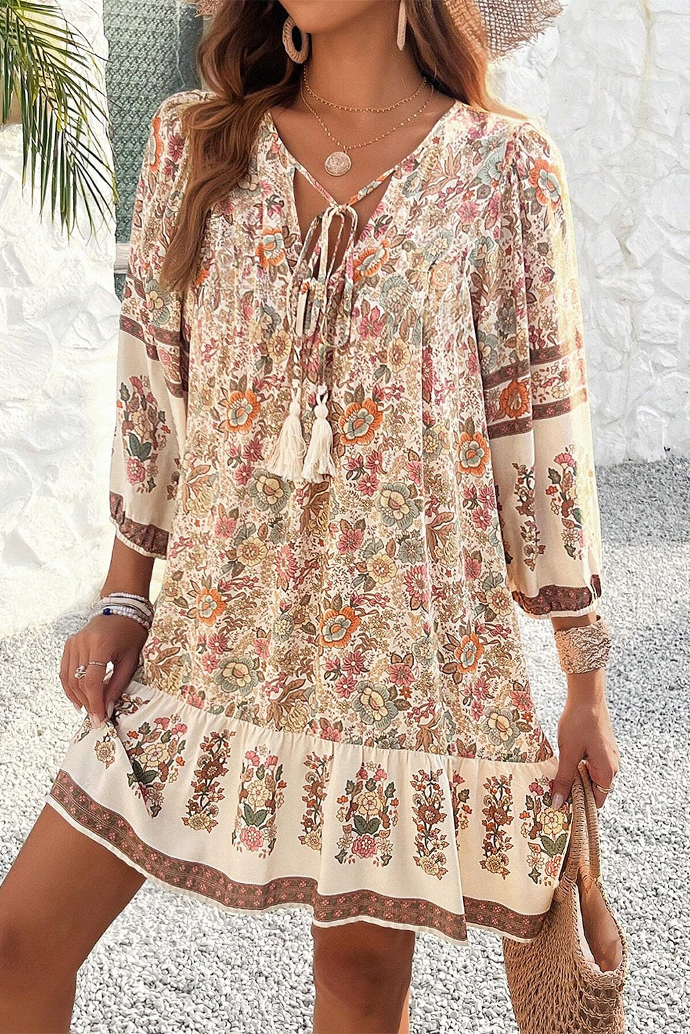 Apricot Floral Print Tassel Drawstring V Neck Mini Dress