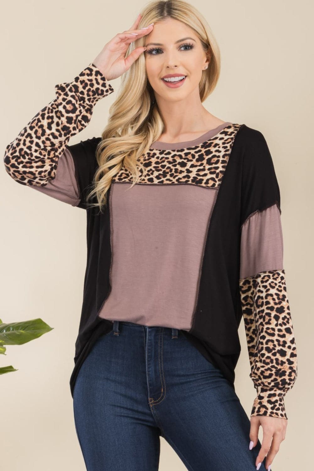 Celeste Plus Size Leopard Print Color Block T-Shirt with Exposed Seams