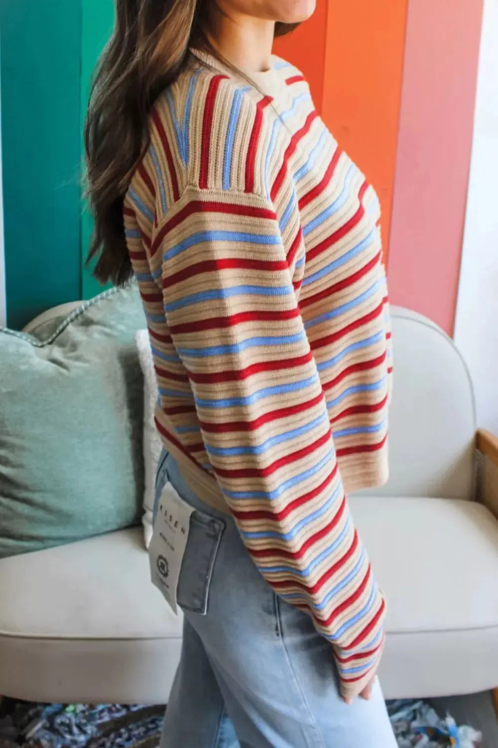 Striped Long Sleeve Round Neck Sweater Simply Love