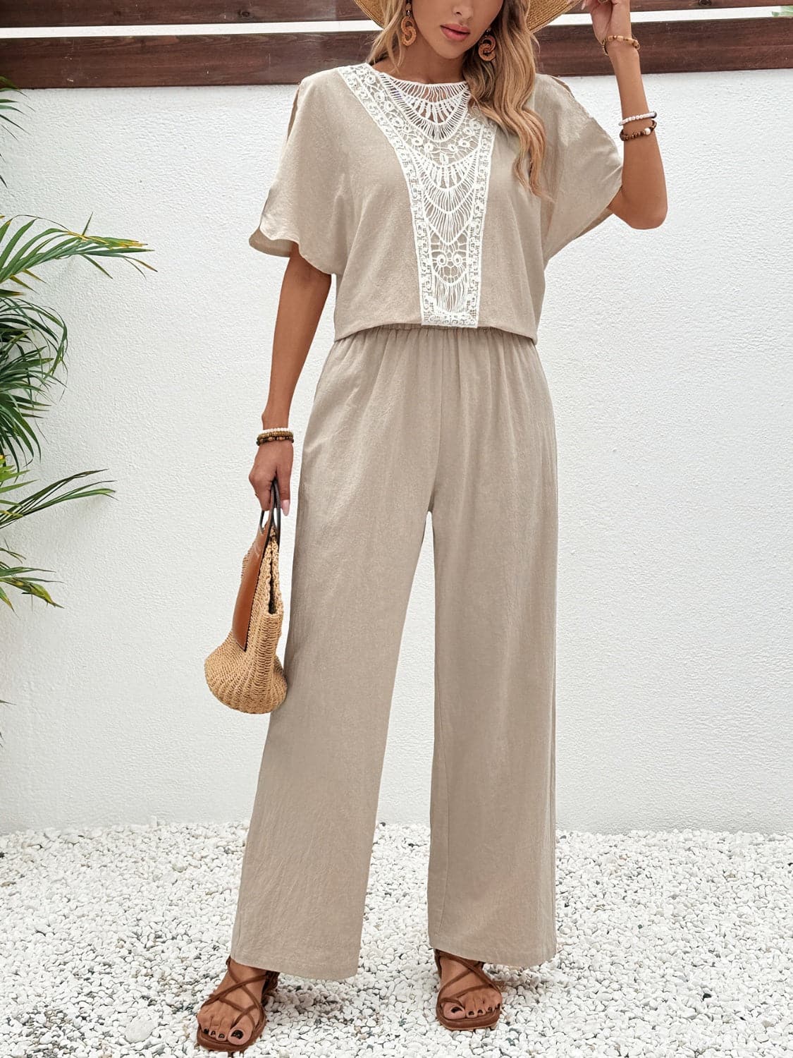 Lace Detail Round Neck Top and Pants Set.