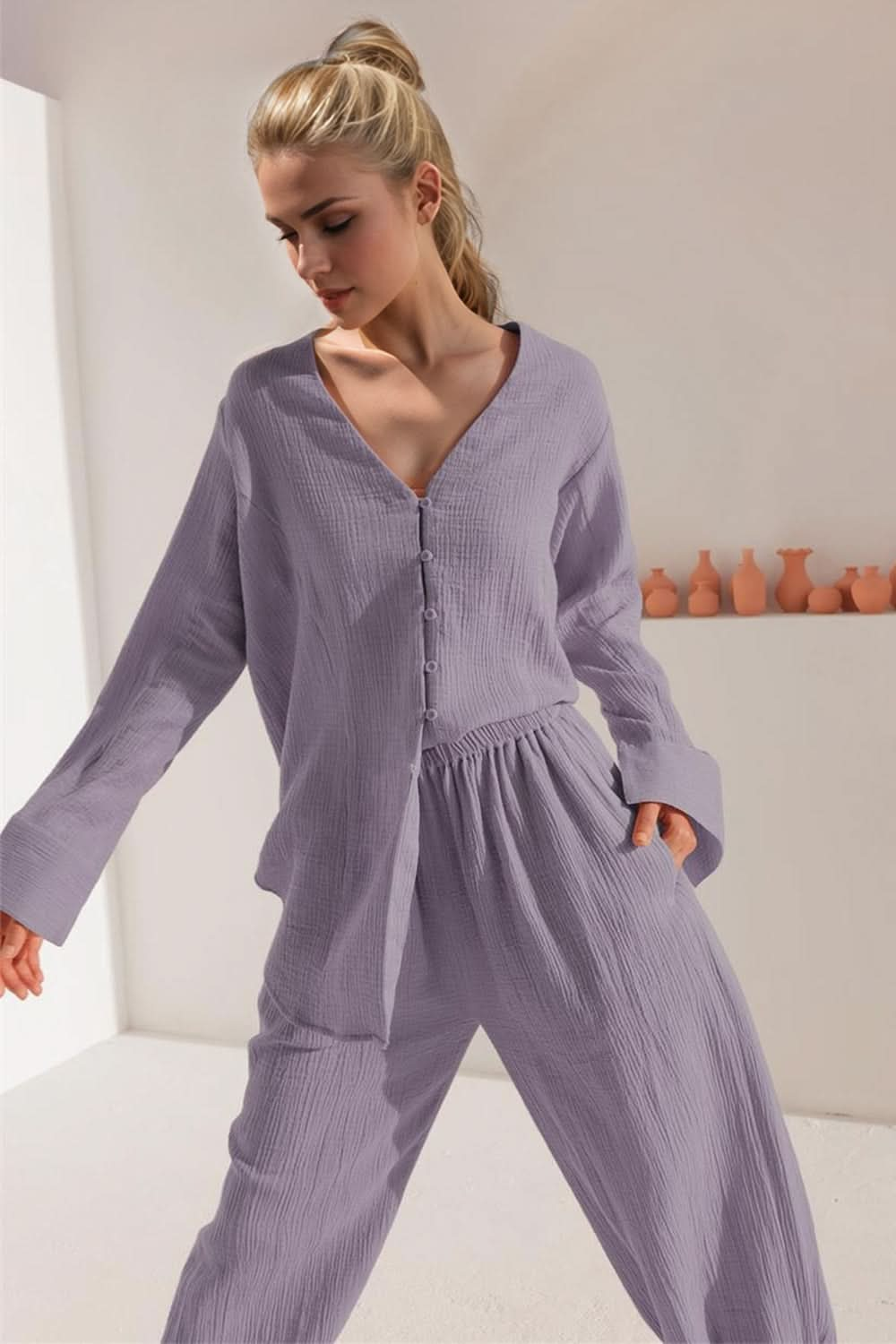 Cozy Comfort Buttery-Soft V-Neck Long Sleeve Top and Pants Ensemble