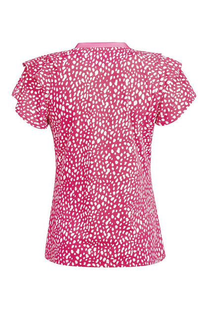 Ruffled Printed Round Neck Short Sleeve Blouse.