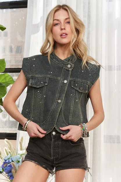 Adora Sleeveless Button Down Denim Jacket - Love Salve 
