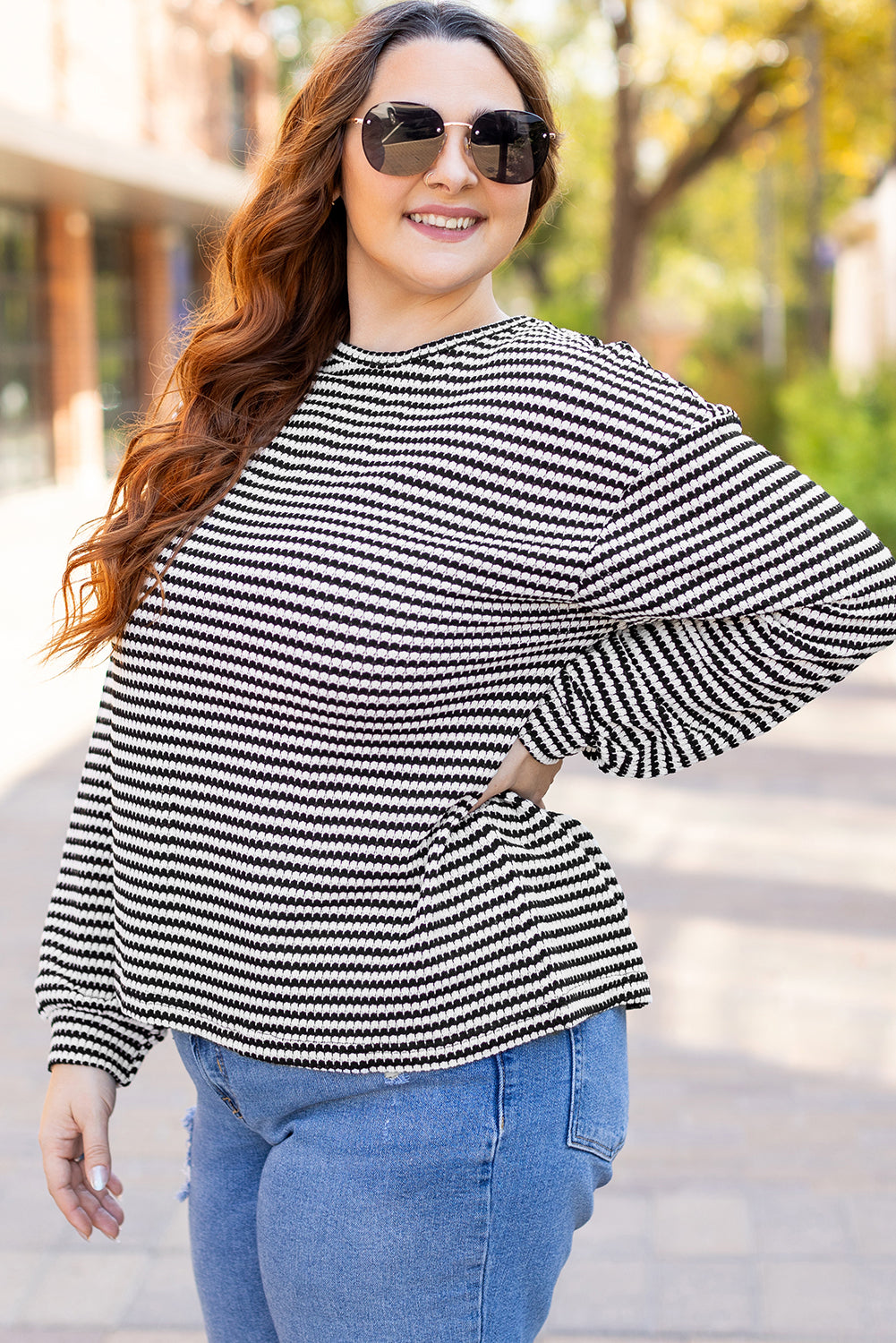 Chic plus size black striped tee