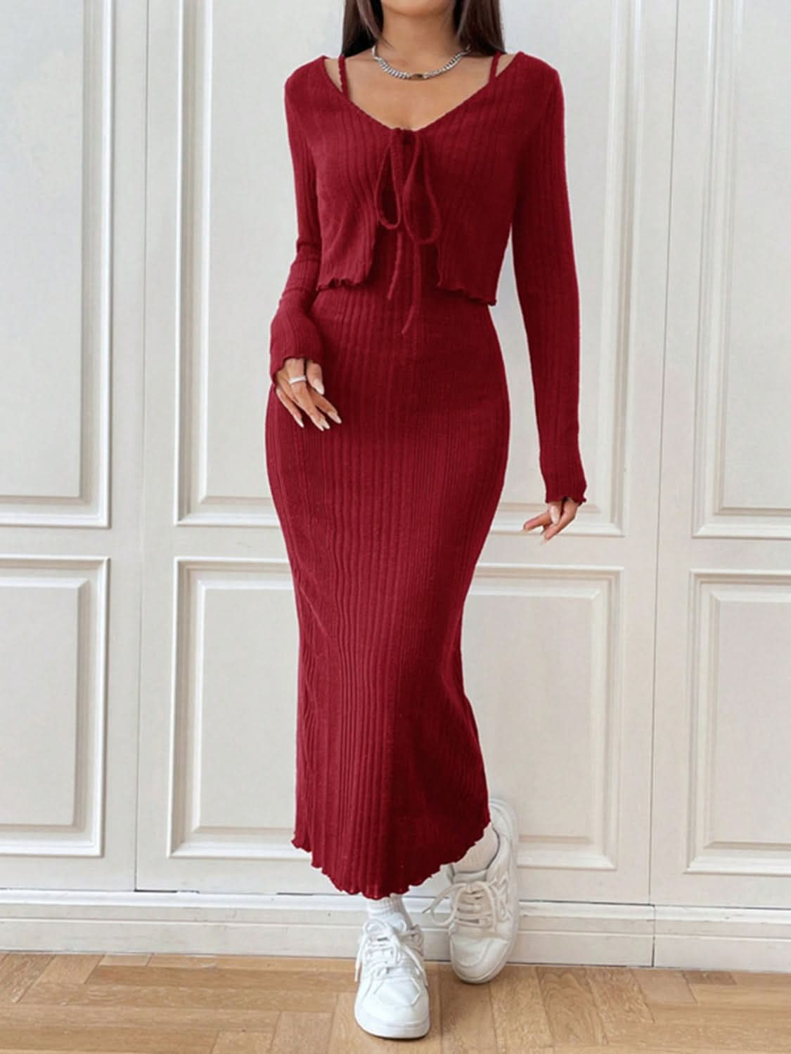 Two-Piece Cami Dress with Tied Long Sleeve Cardigan Set