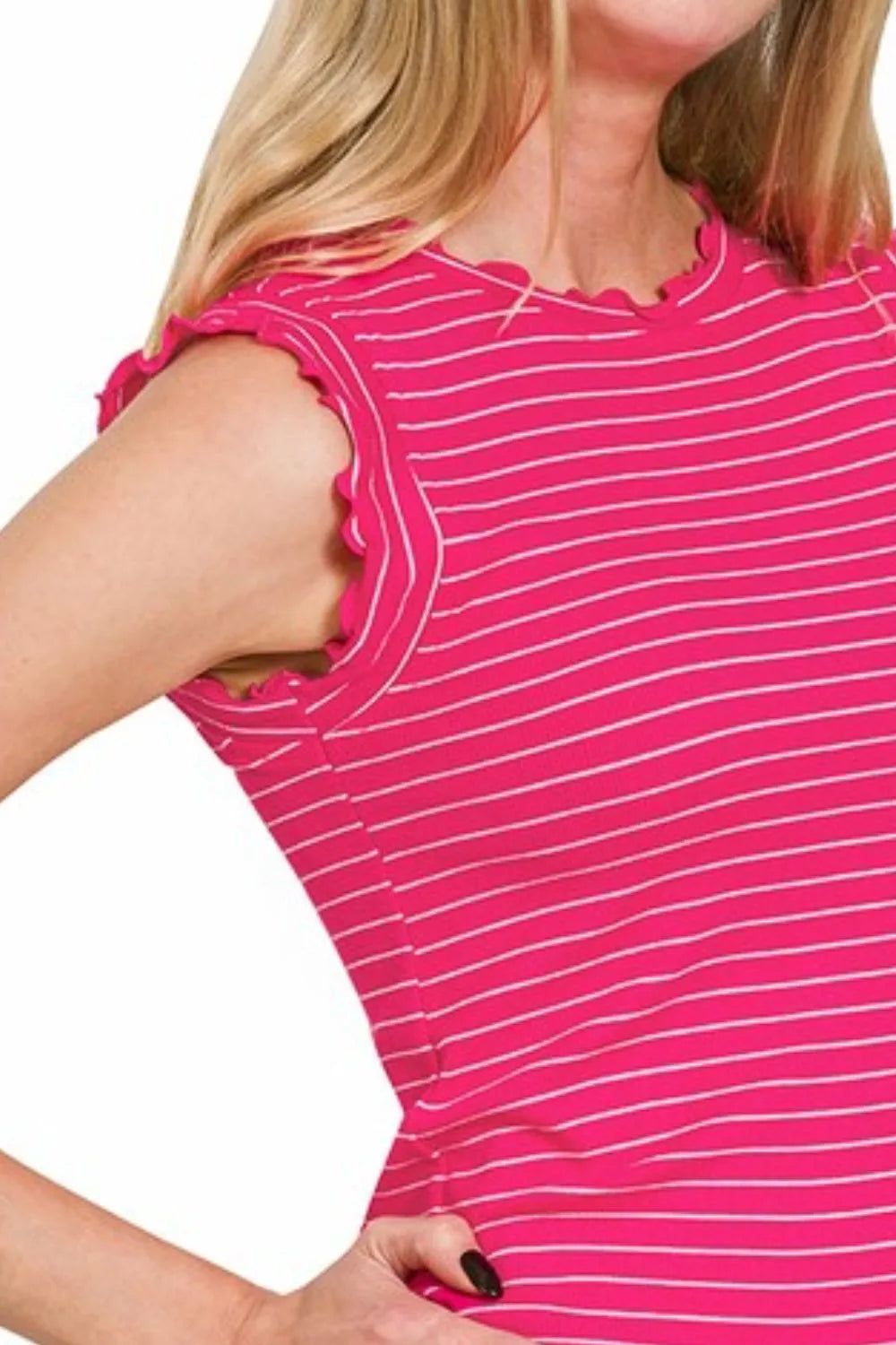 Zenana Ribbed Ruffle Trim Sleeveless Stripe Top - Love Salve 