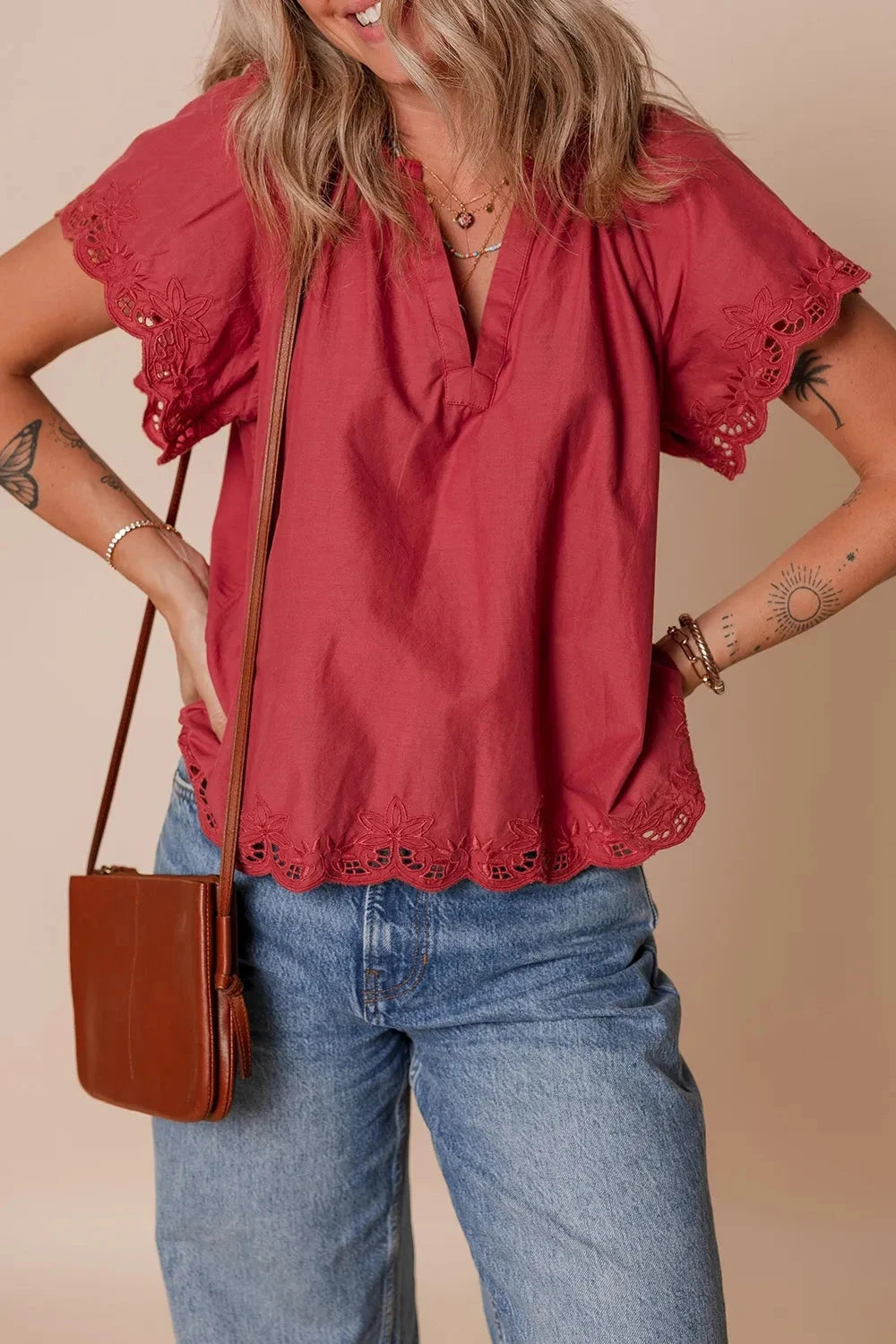 Floral Embroidered Scallop Trim Short Sleeve Notched Blouse Simply Love