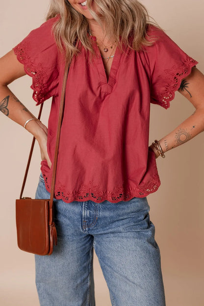 Floral Embroidered Scallop Trim Short Sleeve Notched Blouse