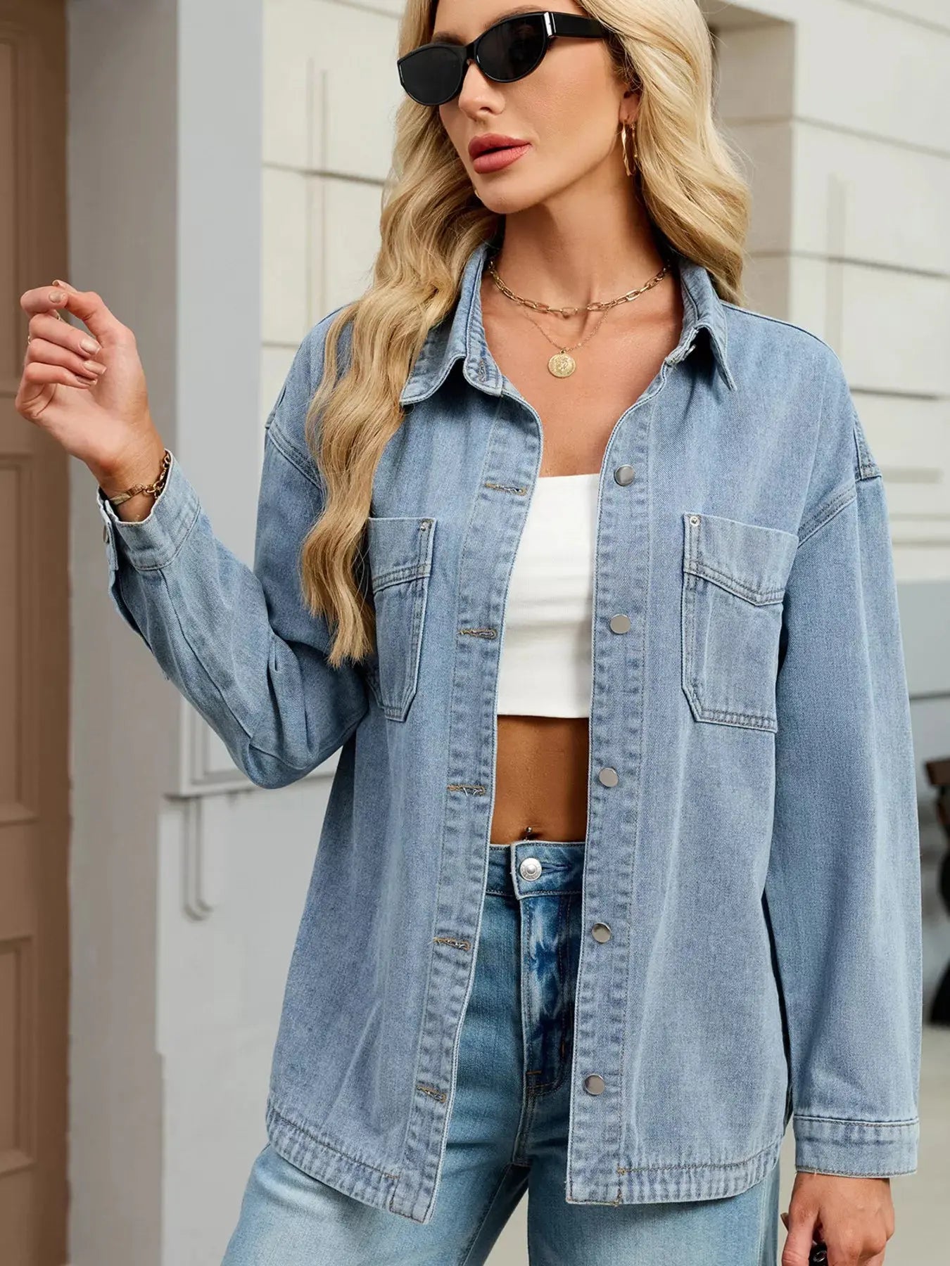 Button Up Dropped Shoulder Denim Jacket Simply Love