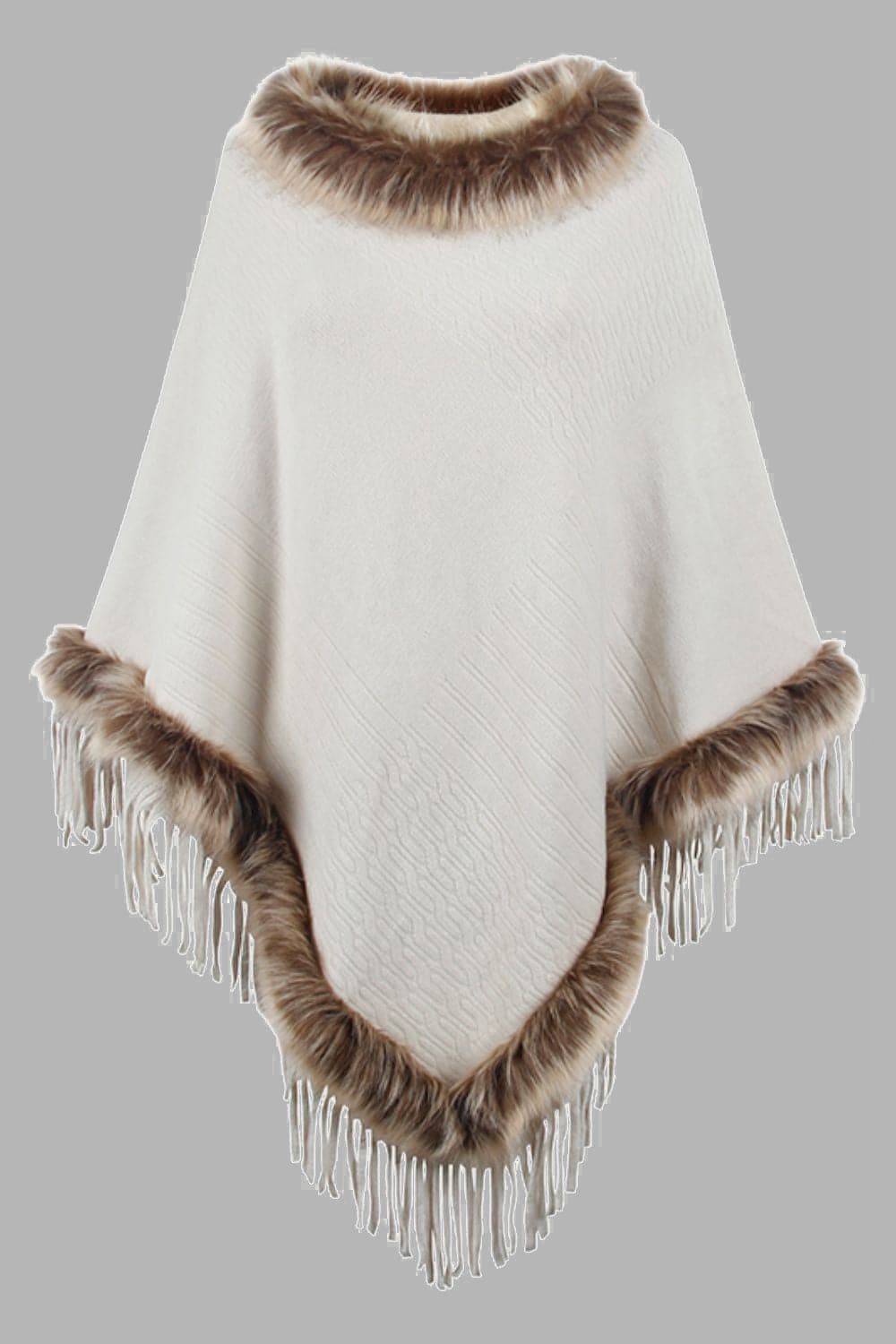 Faux Fur Trim Fringed Poncho.