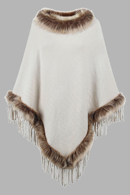 Faux Fur Trim Fringed Poncho.