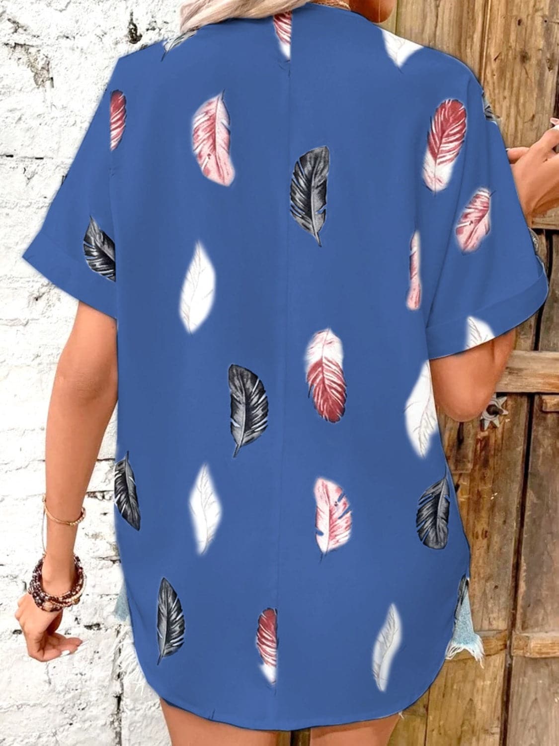 Full Size Printed Collared Neck Short Sleeve Blouse.