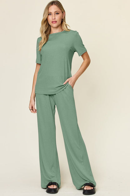 Double Take Full Size Round Neck Short Sleeve T-Shirt and Wide Leg Pants Set.