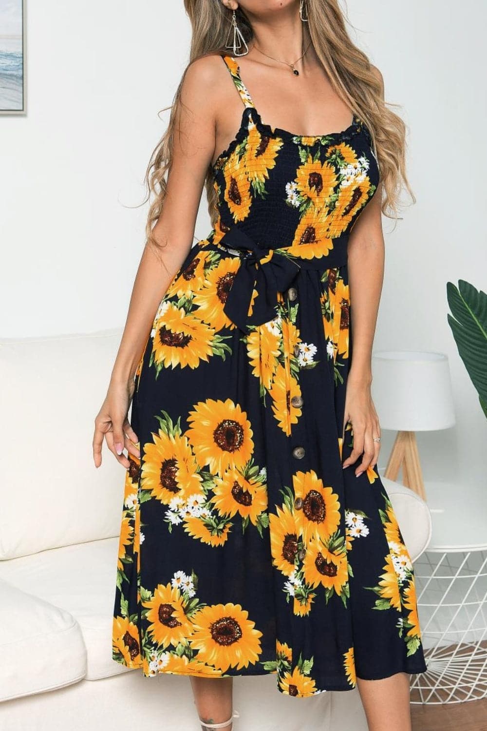 Smocked Sunflower Printed Sleeveless Cami Dress.