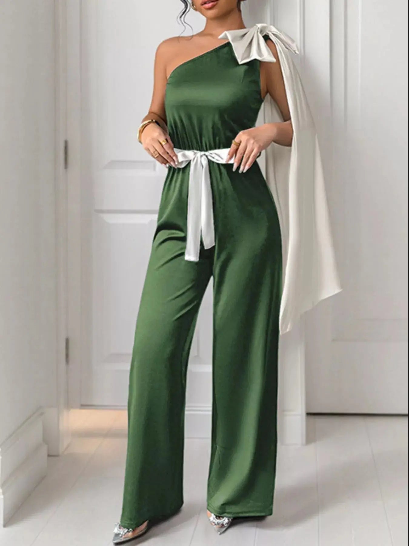 One-Shoulder Bowknot Wide Leg Jumpsuit Simply Love