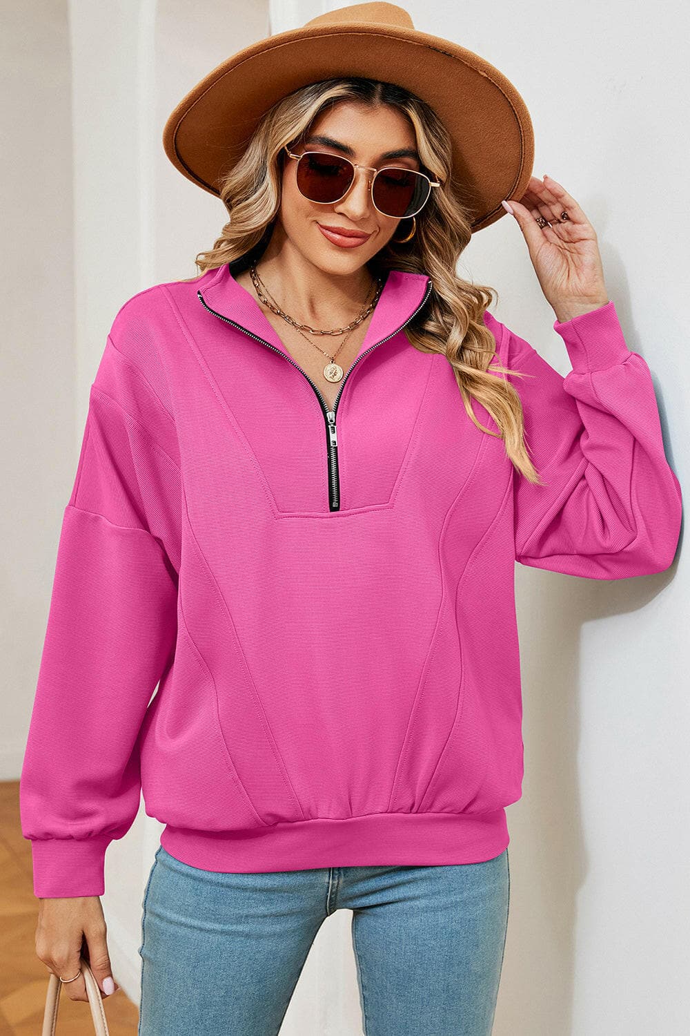 Half Zip Dropped Shoulder Sweatshirt.