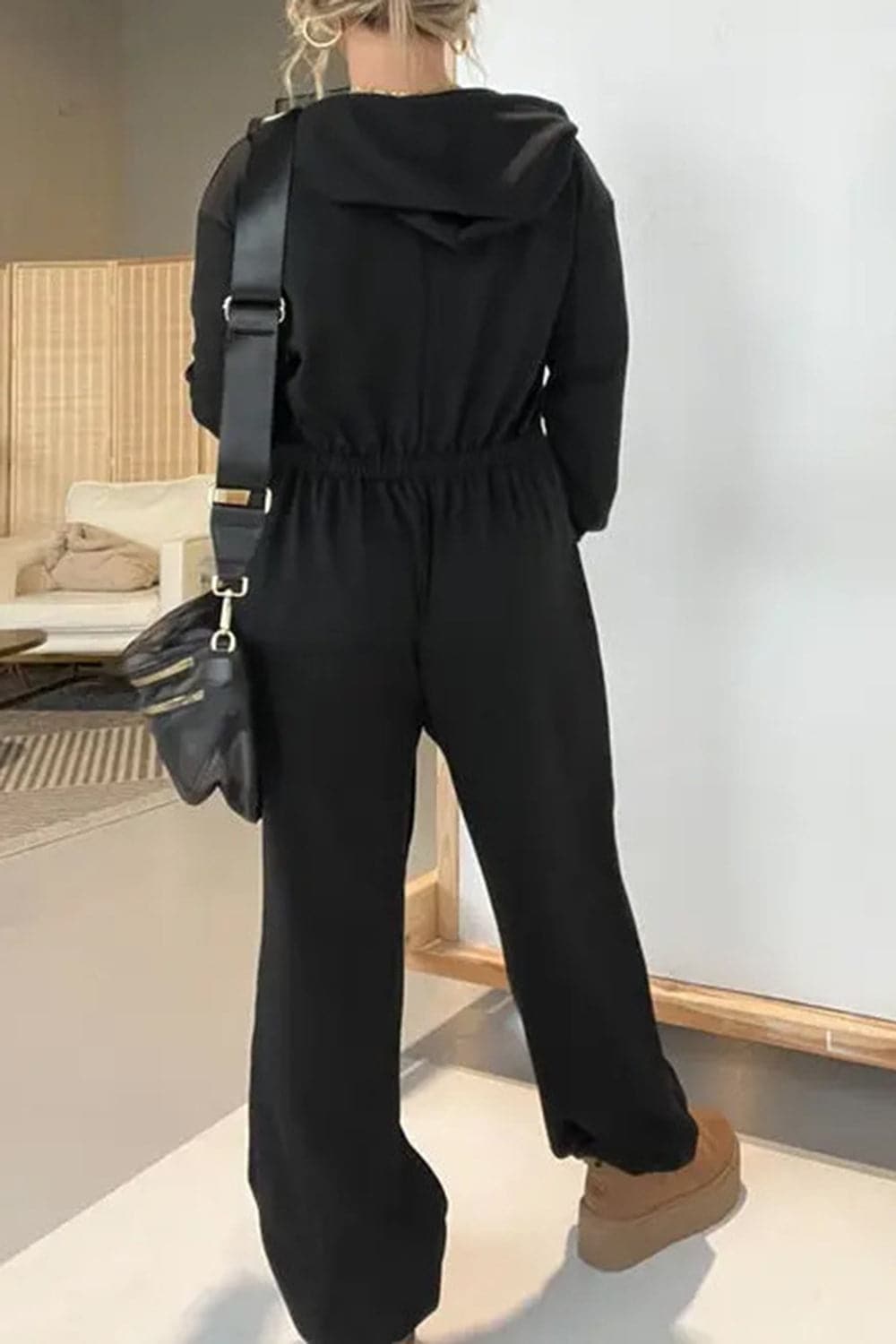 Full Size Drawstring Long Sleeve Jumpsuit.