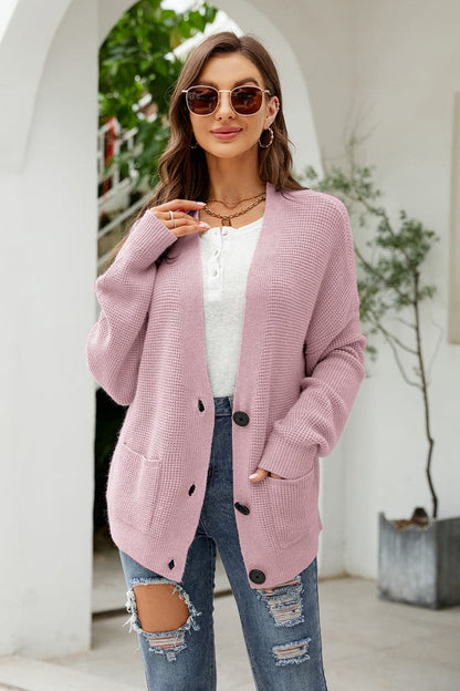 Button Up Drop Shoulder Long Sleeve Cardigan.