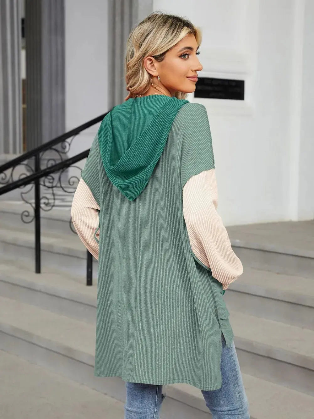 Double Take Contrast Hooded Long Sleeve Top - Love Salve