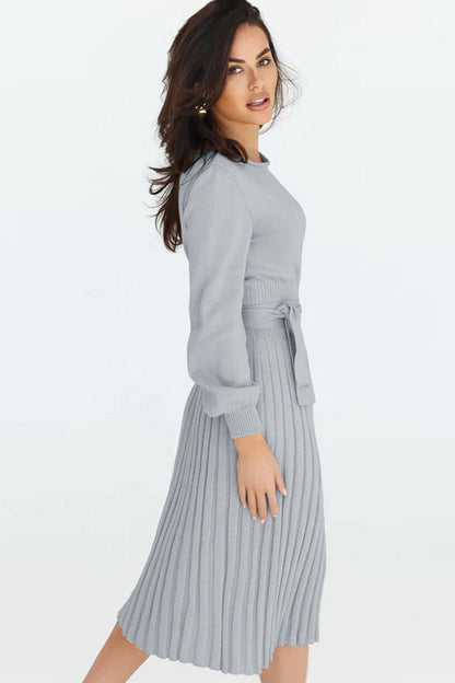 Round Neck Long Sleeve Pleated Sweater Dress.