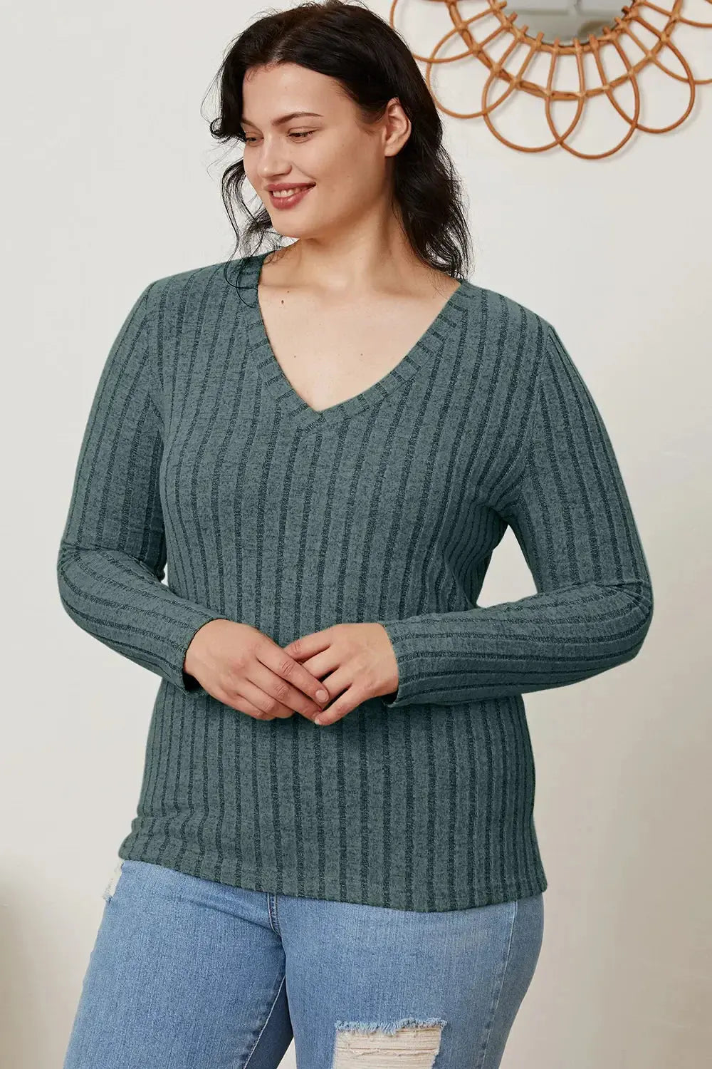 Basic Bae Full Size Ribbed V-Neck Long Sleeve T-Shirt - Love Salve