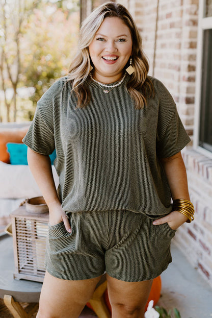 Moss green plus size lounge set with ribbed top and shorts