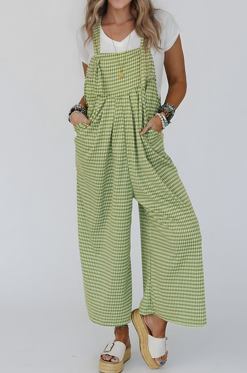 Green Gingham Wide Leg Overalls With Pockets For Women Dear-Lover Dropshipping