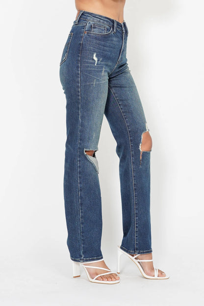 Judy Blue Plus Size High Waisted Ripped Knee Dad Jeans - Love Salve 