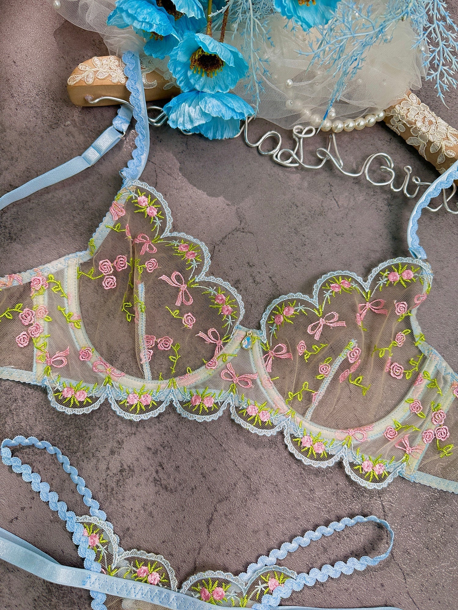 Light Blue Floral Lace Lingerie Set With Rose Print Hello.LA.Girl