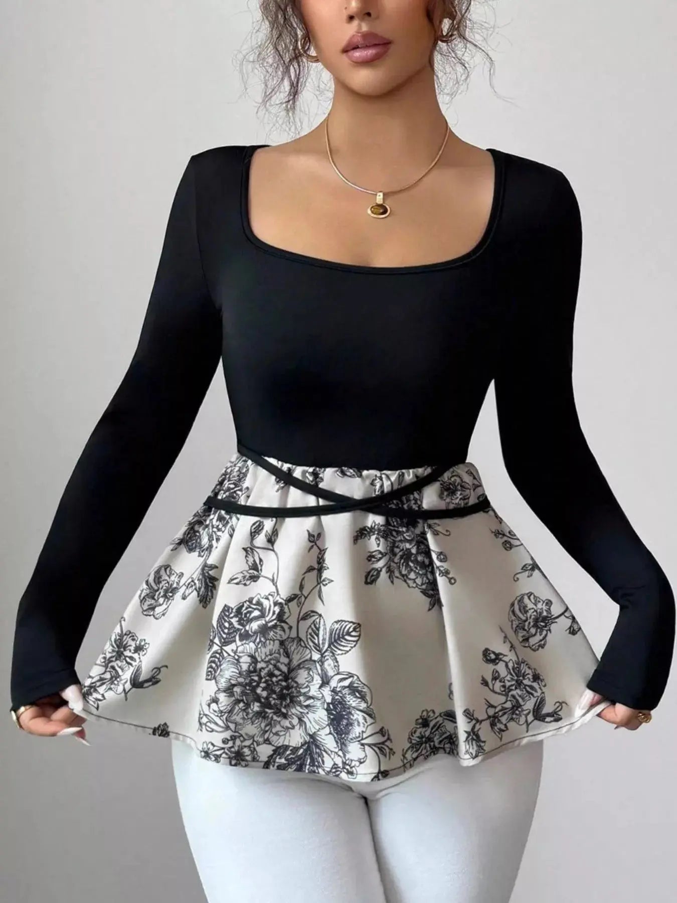 Floral Print Peplum Hem Long Sleeve Top Simply Love