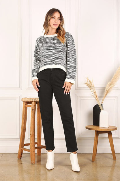 Chic herringbone crew neck sweater for effortless style