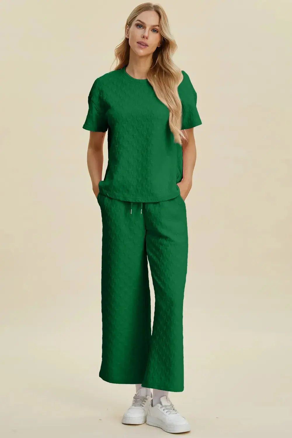 Double Take Full Size Texture Round Neck Short Sleeve Top and Pants Set - Love Salve