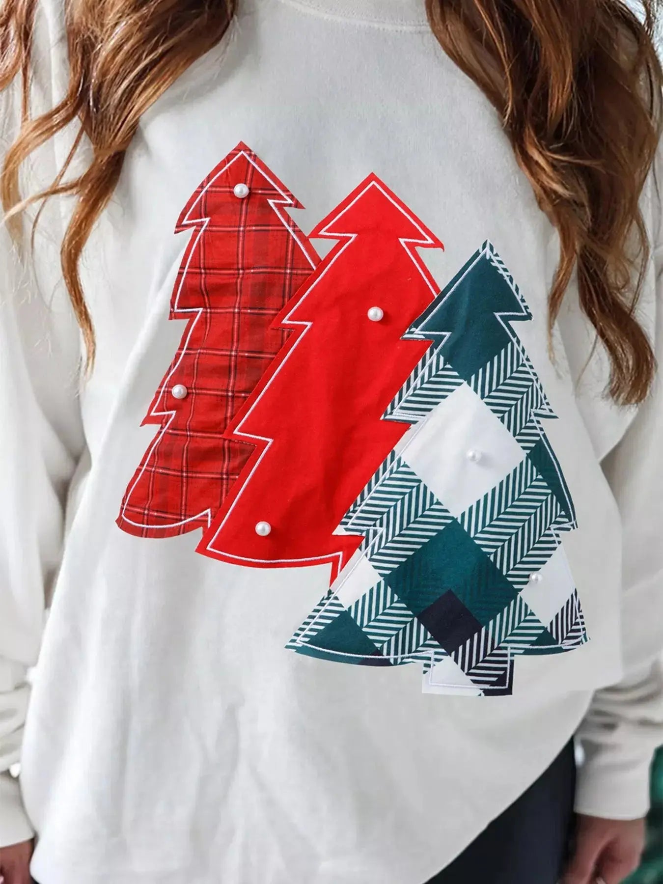 Pearl Plaid Christmas Tree Patched Drop Shoulder Sweatshirt Simply Love