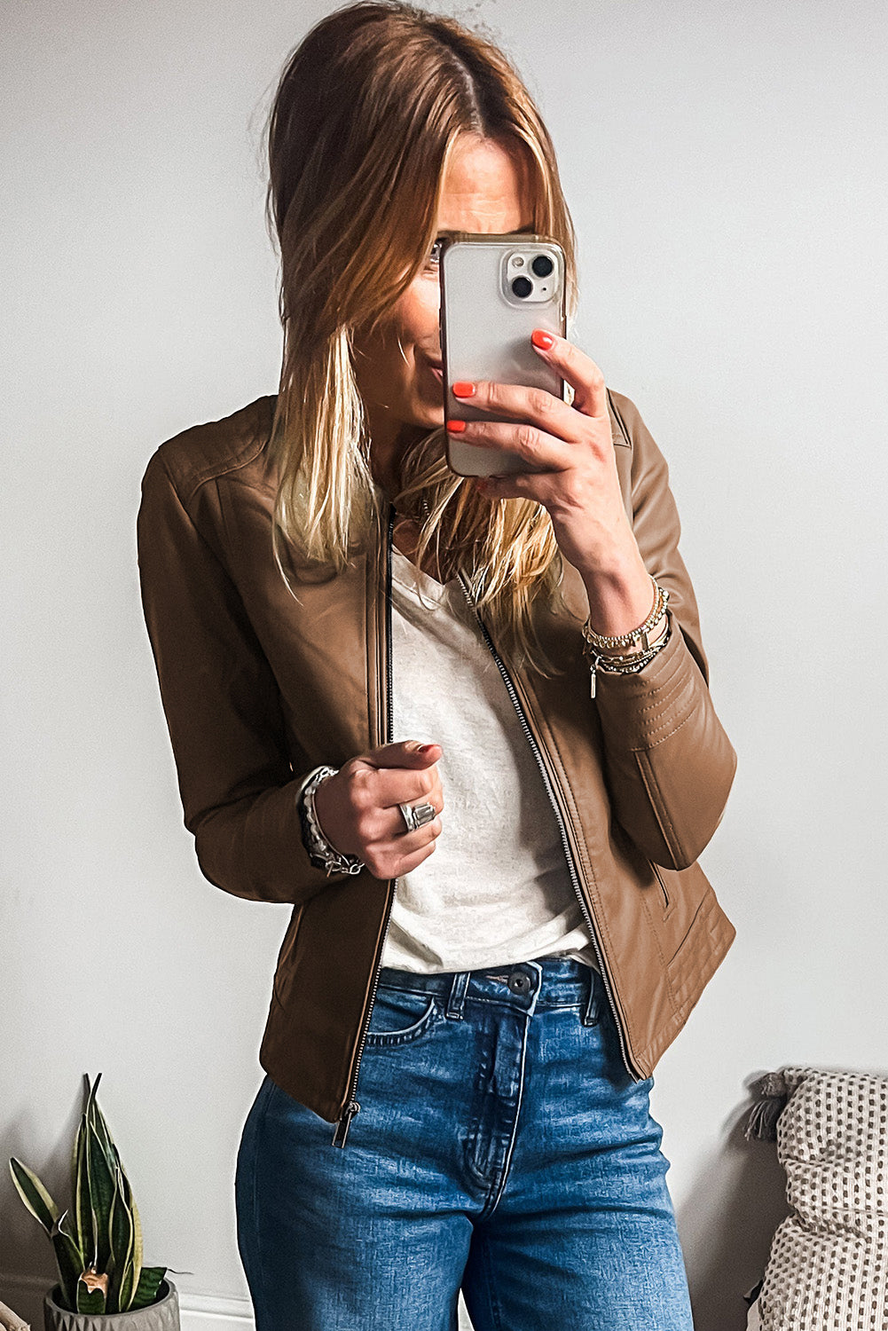 Chic chestnut faux leather bomber