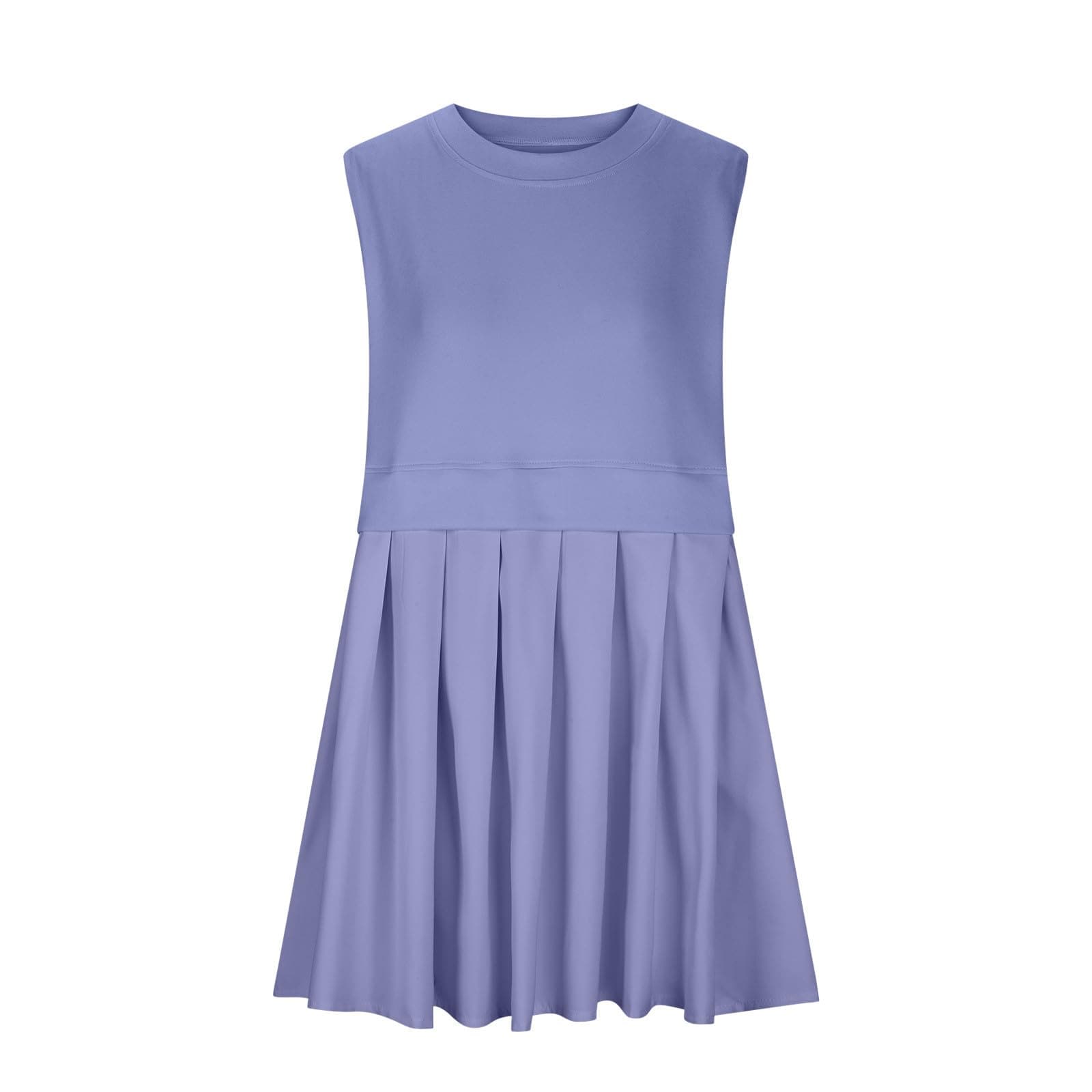 Pleated Round Neck Sleeveless Mini Dress.