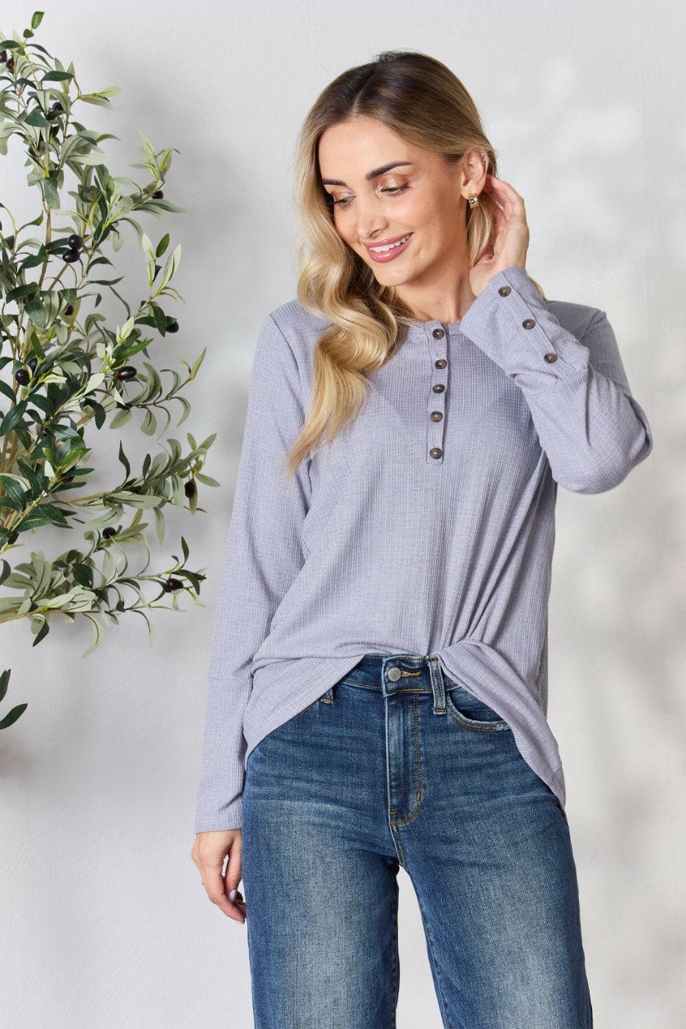 Heimish Full Size Texture Half Button Long Sleeve Top.