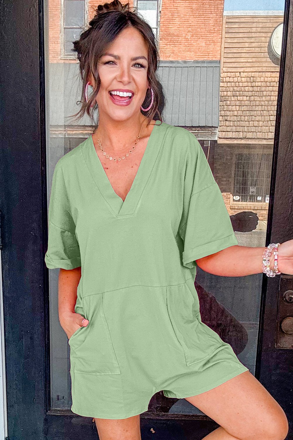 Grass Green Loose Half Sleeve V Neck Knit Romper for Women