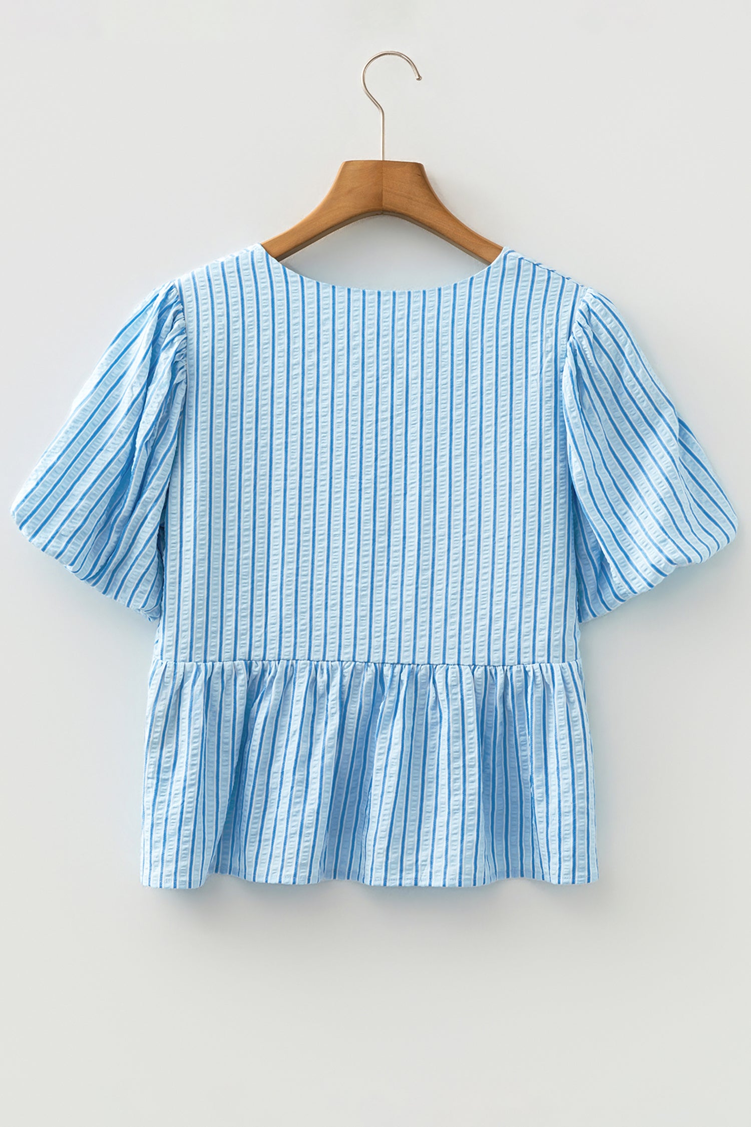 Dear-Lover Dropshipping Tops/Blouses & Shirts Sky Blue Stripe Bow Knot Textured Short Puff Sleeve Babydoll Blouse - Side View