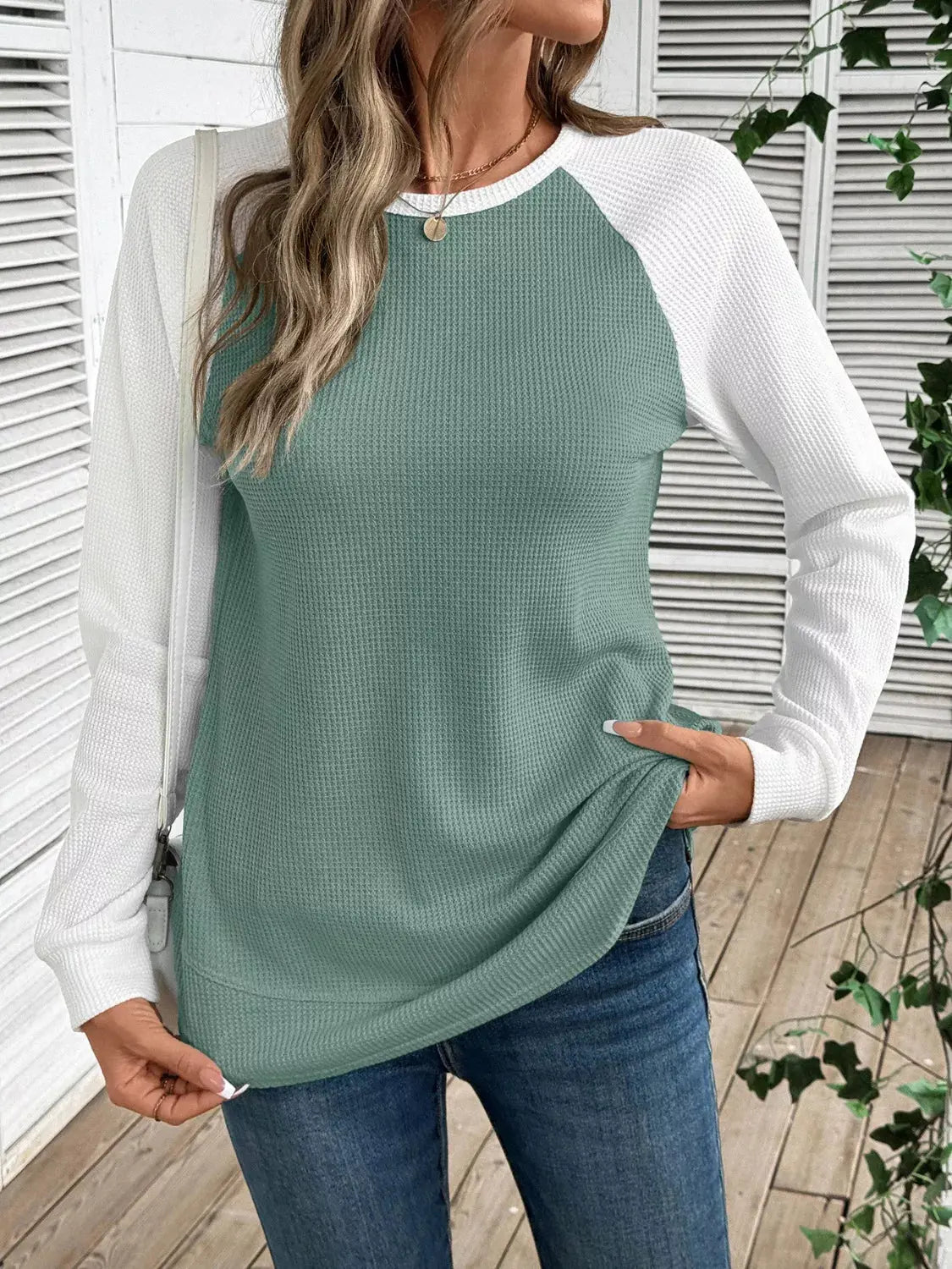 Waffle Knit Raglan Sleeve T-Shirt Simply Love