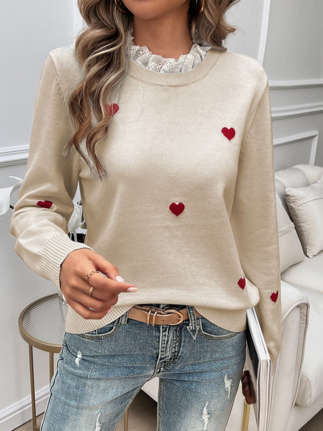 Lace Detail Heart Long Sleeve Sweater.