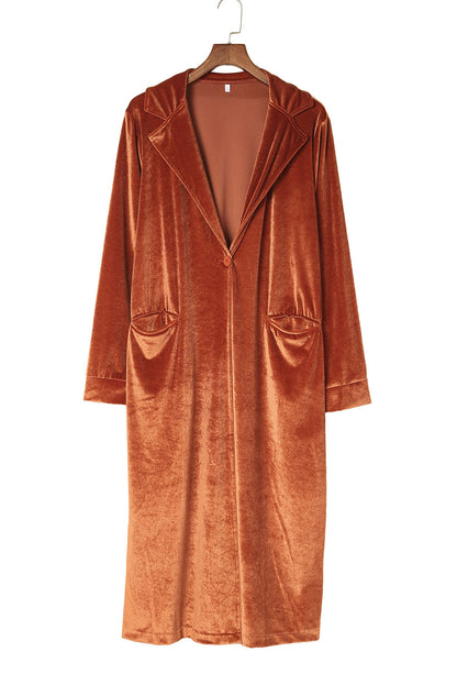 Chic brown velvet long sleeve coat with pockets