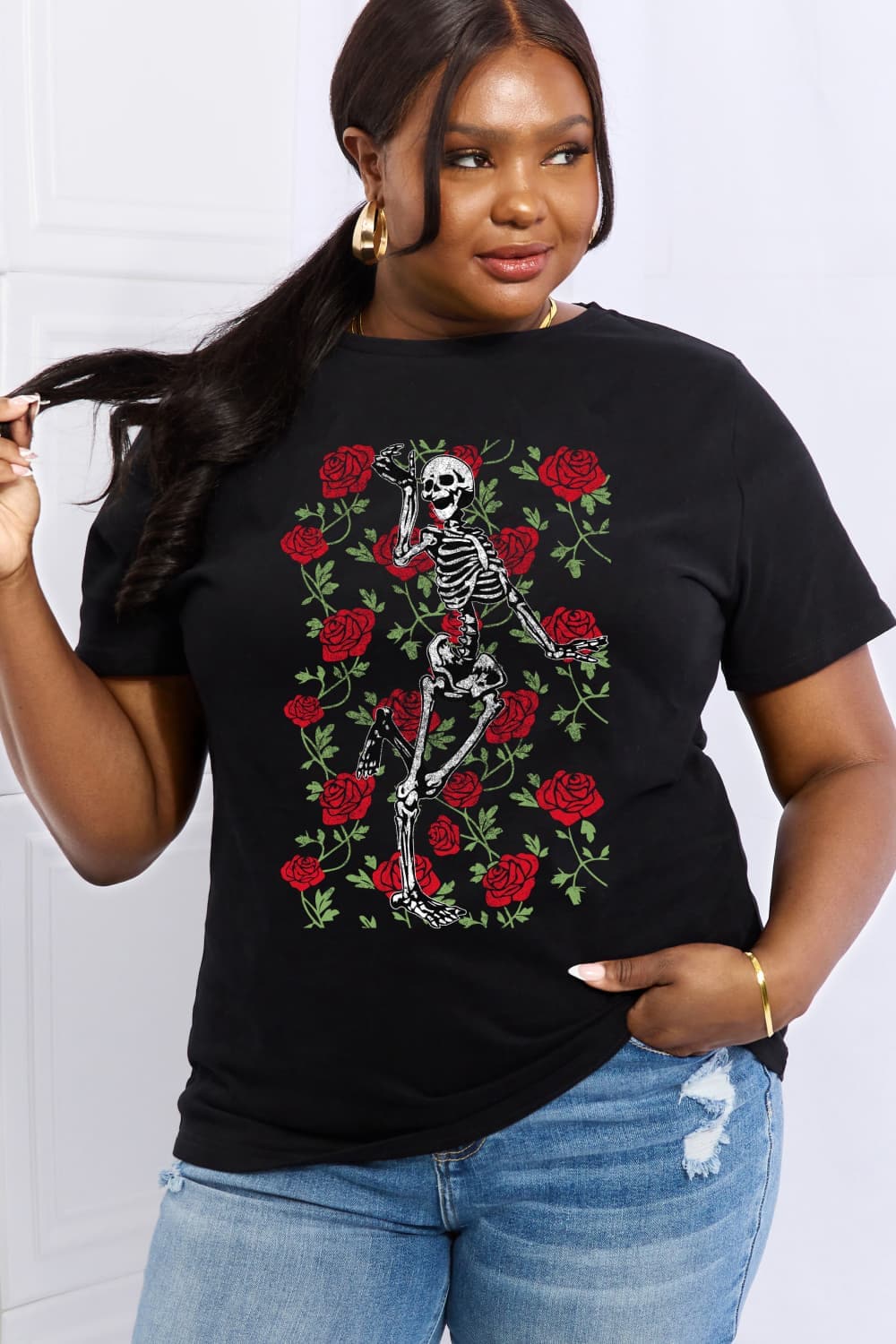 Skeleton rose cotton tee - casual style