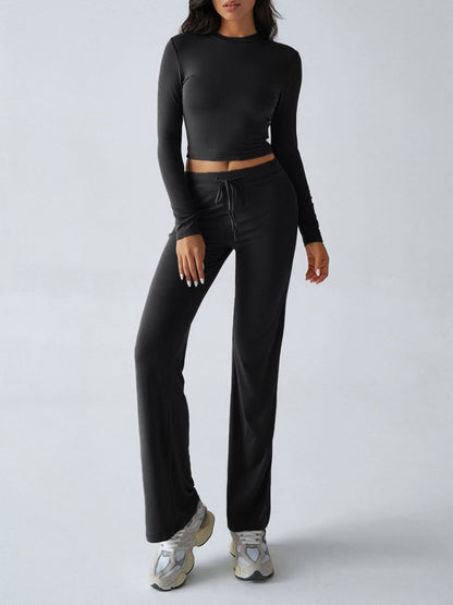 Cozy Chic Round Neck Long Sleeve Top and Drawstring Pants Ensemble