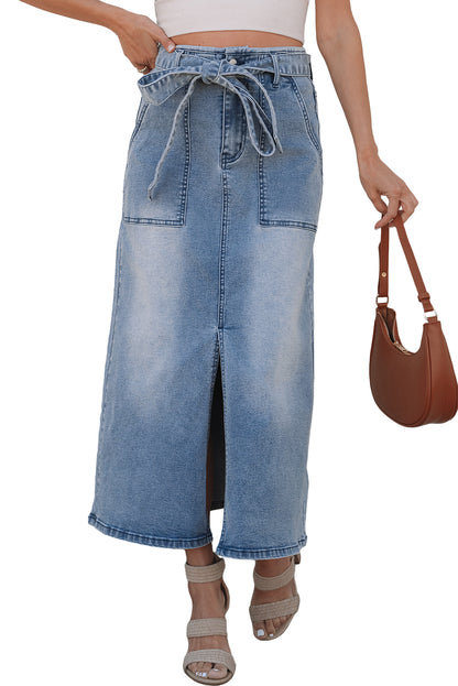 Dusk Blue High-Waisted Belted Midi Denim Skirt with Split Detail