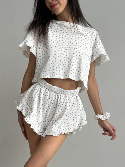 Printed Round Neck Top and Shorts Set.