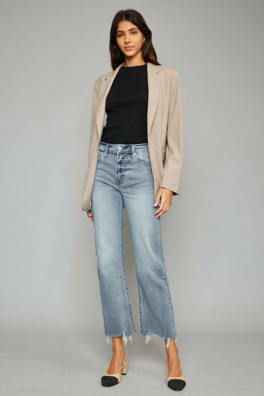 Kancan High Waist Raw Hem Cropped Wide Leg Jeans.