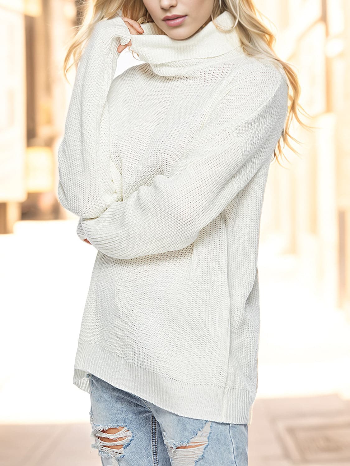 Turtleneck Drop Shoulder Long Sleeve Sweater.